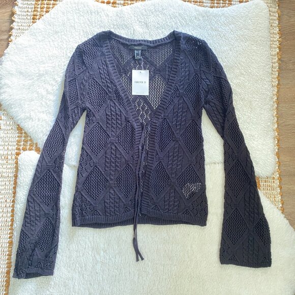 Boho Knit Crochet Sweater Tie Front Long Sleeve Top - Size Small - Picture 9 of 11